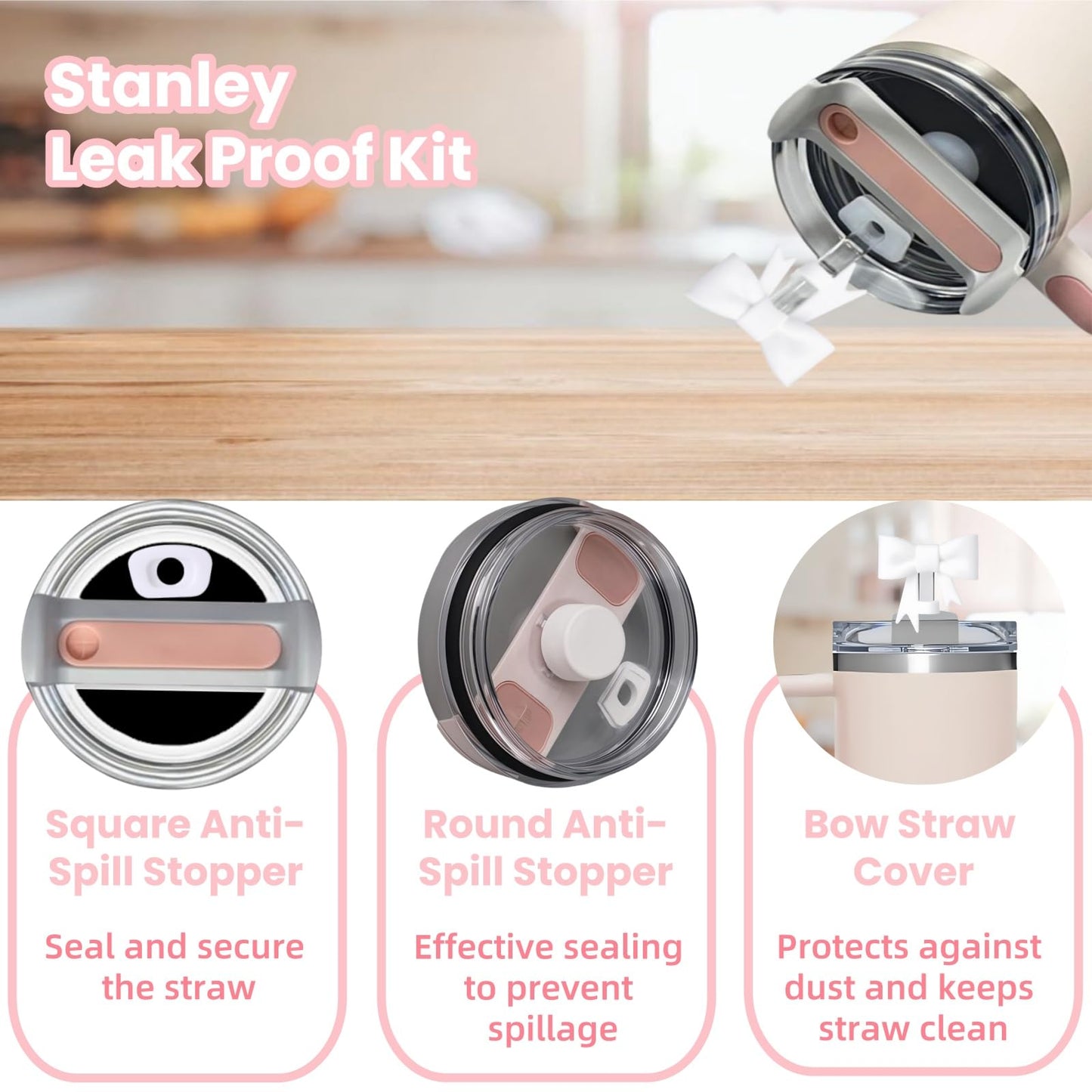 6PCS White Stanley Cup Accessories Set Fit for Stanley Cup 30oz 40oz. Including Handle Charm, Personalized Initial Sticker, Straw Topper, Sparkly Silicone Boot, Spill Proof Stopper (Letter-A)