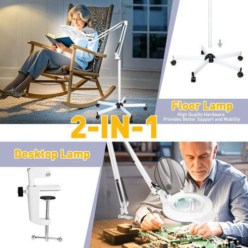 10X Magnifying Glass with Light and Stand, 2200 Lumens Dimmable Magnifying Floor Lamp, 2-in-1 Lighted Magnifier with 5 Wheels Rolling Base, Mag Lamp for Estheticians, Crafts, Reading, Facial