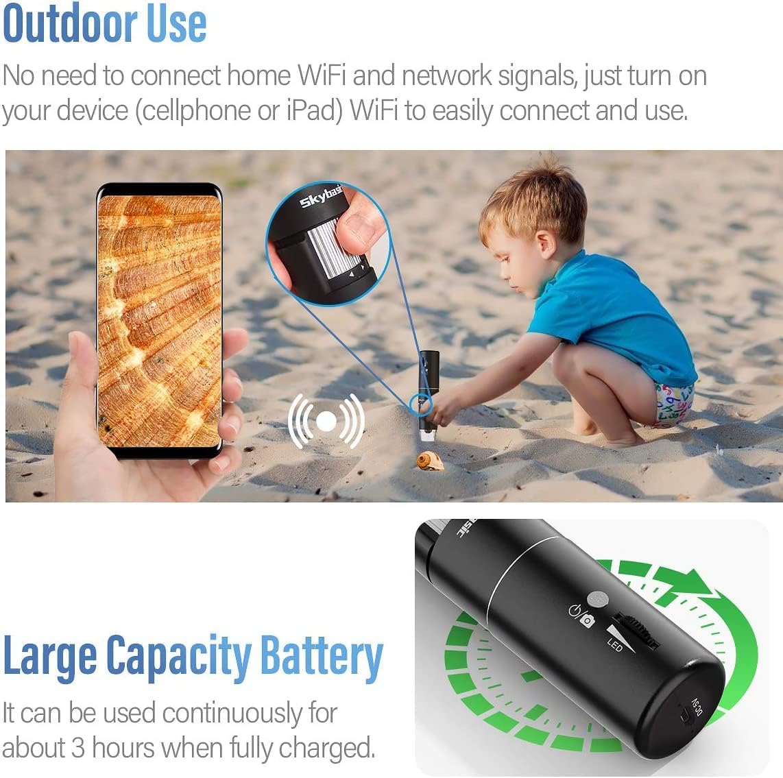 Skybasic Wireless Digital Microscope - 50X-1000X Magnification, Portable Handheld with Adjustable Stand | HD USB Camera for iPhone, Android, Windows, Mac