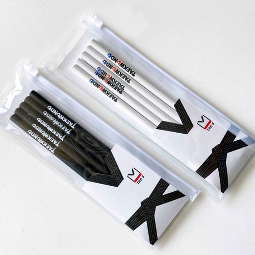 TAE-S Taekwondo Pencils HB Wood Cased with White Clear PVC Pencil Case Thoughtful Gift Idea for Martial Arts Students (6 Packs of 5 (30 Count), White)