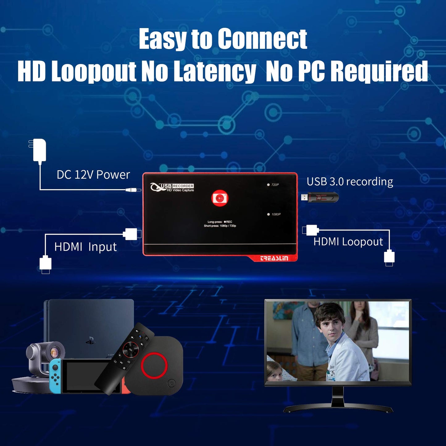TreasLin Screen Capture Recorder, No PC Required 1080P HDMI Recorder,One-Click Recording, Screen Recorder Compatible with TV Box Xbox One PS4 Wii U Switch School lectures,No PC Required…