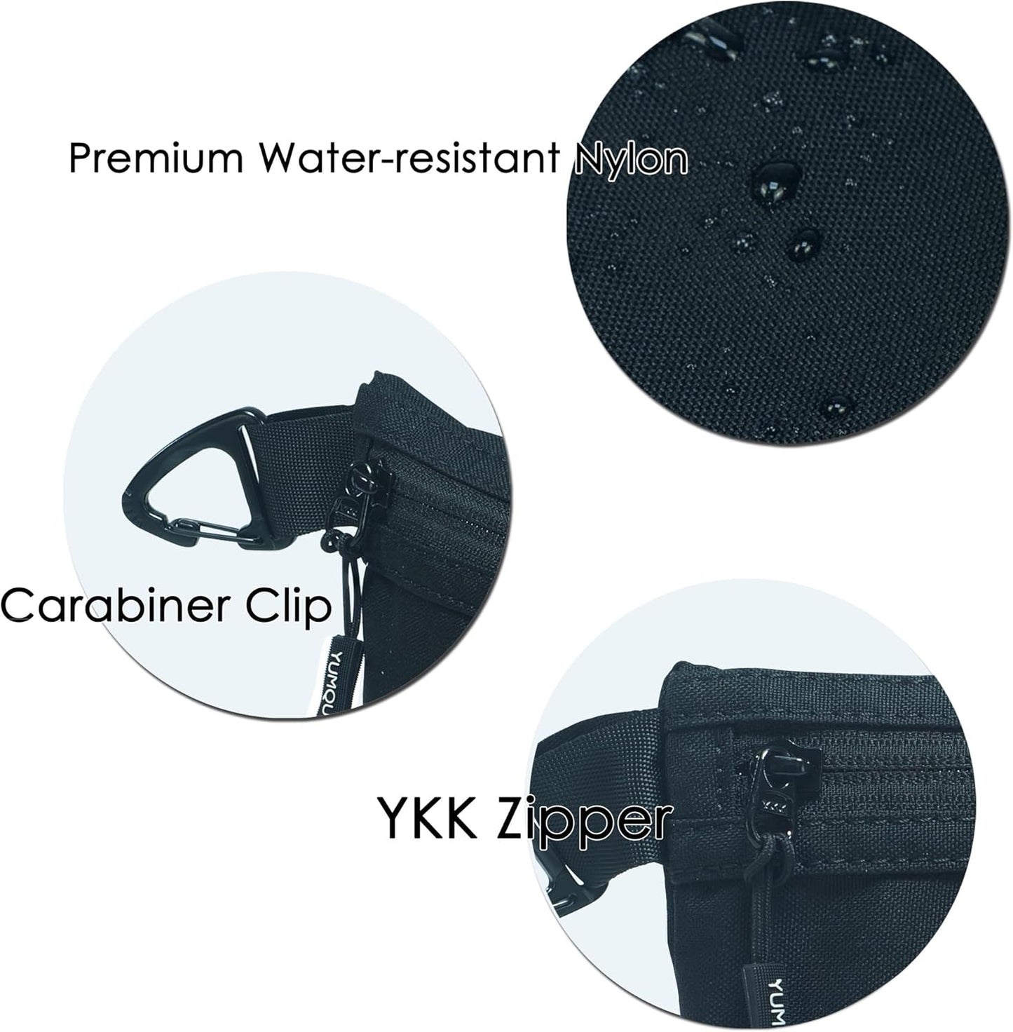 YUMQUA Water-Resistant Zipper Pouch - Small Nylon Travel Bag with Carabiner Clip | Black