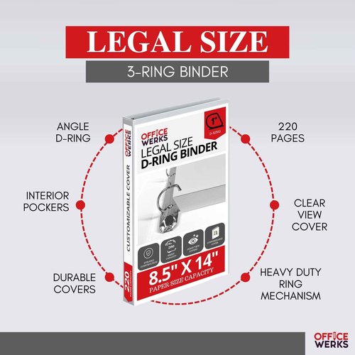Performore - Office Werks Heavy Duty 4-Pack Legal Size View Binder - 14" x 8.5", White, 1 Inch D-Ring, Back Mount Binder