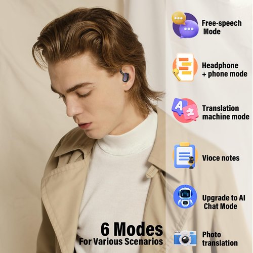 OYIB AI Language Translation Earbuds Real Time, 3-in-1 Translator Earbuds with 6 Translation Modes/164 Language, 50H Bluetooth 5.4 Headphones Translating Device for Travel/Business//Leaning, Black