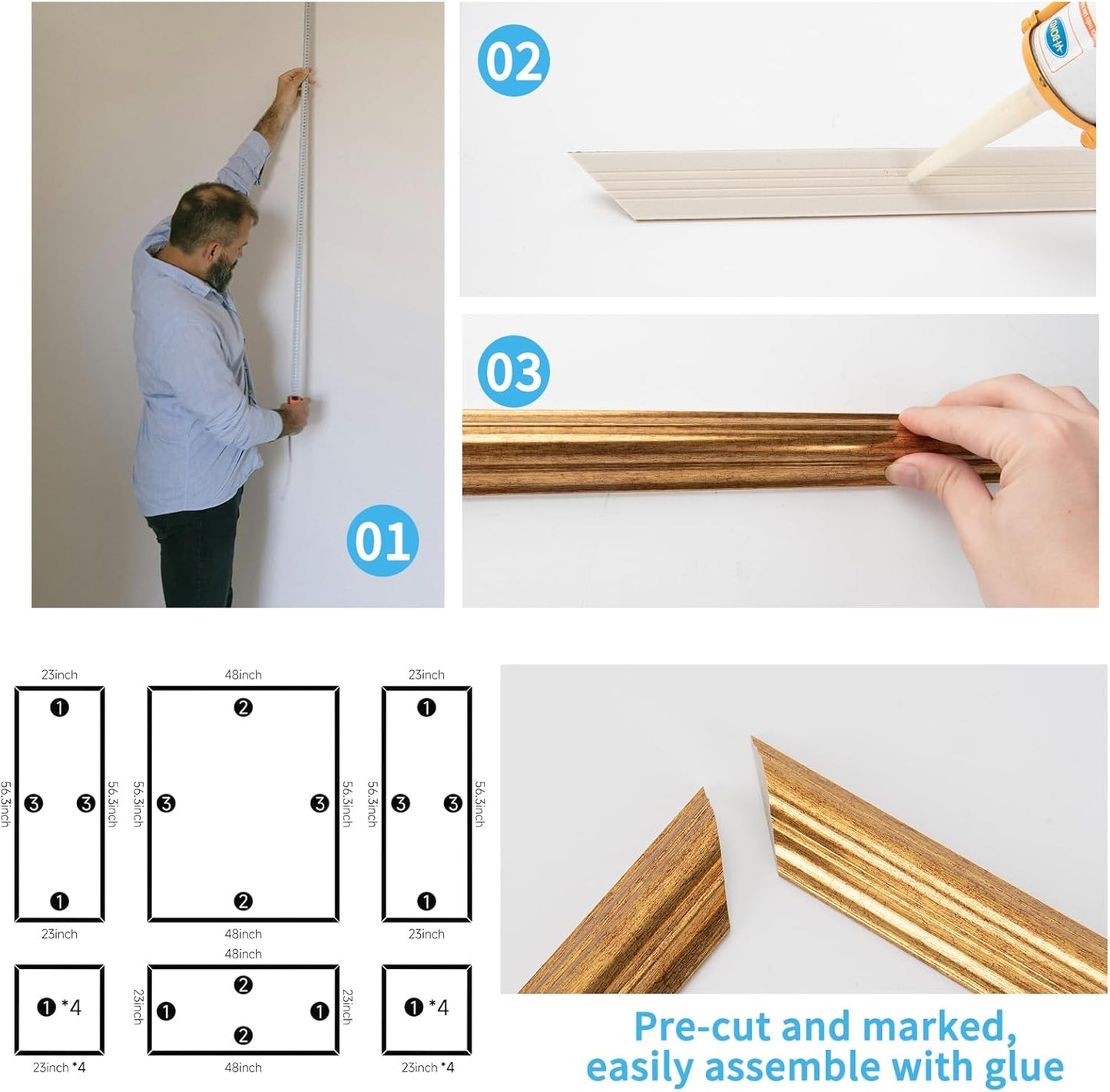 Art3d Wainscoting Panels Set - Pre-Cut Wall Molding for Easy Interior Décor | Antique Gold, 6 Pcs