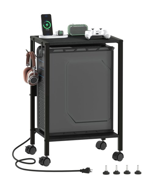 Akxomel 16.5" W Computer Tower Stand with Charging Station and USB Port, 2 Tier Mobile Floor PC Stand Fits Under Desk, Rolling Printer Stand with Hooks, CPU Holder Cart for Carpet, Home Office