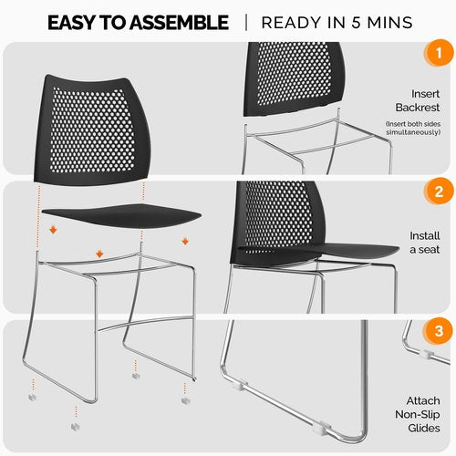 VINGLI Stacking Chairs Set of 10 Stackable Office Chairs with Metal Sled Base, Ergonomic Plastic Seat & Holes Back, Stacking Chairs for Waiting Room Break Room Banquet Guest, Black