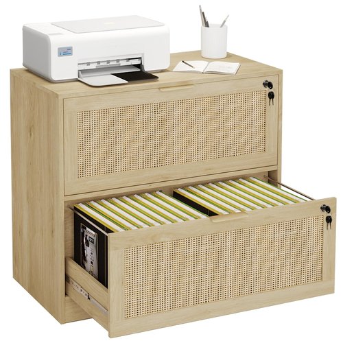 HOPUBUY 2 Drawer File Cabinet with Lock, Printer Stand Lateral Filing Cabinets for Home Office and School, Wood Rattan File Cabinet for Hanging Files/Letter/Legal/A4/F4 Size, Oak