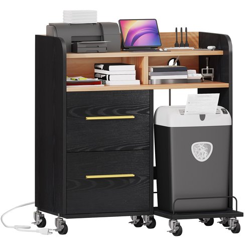 DWVO Printer Stand with Storage, File Cabinet with Charging Station, Printer Table Cabinet for Home Office, Printer Stand Cart, Fits A4, Letter, Legal Size Files, Office Furniture, Black