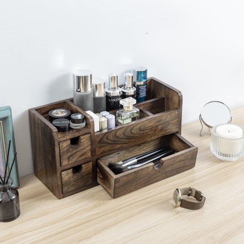 MyGift Solid Mango Wood Desktop Office Supplies Organizer with 3 Drawers, Mail Holder and Stationary Caddy for Desk Accessories Storage