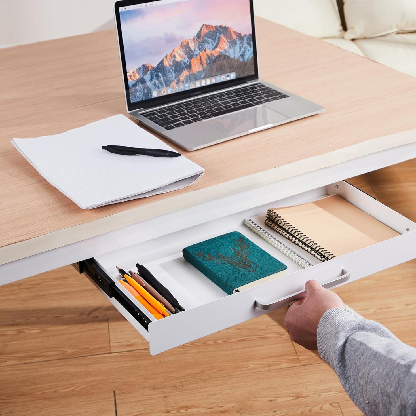 Under Desk Drawer Organizer - 21" White Adjustable Brackets & Sliding Pull-Out Design for Office Desks
