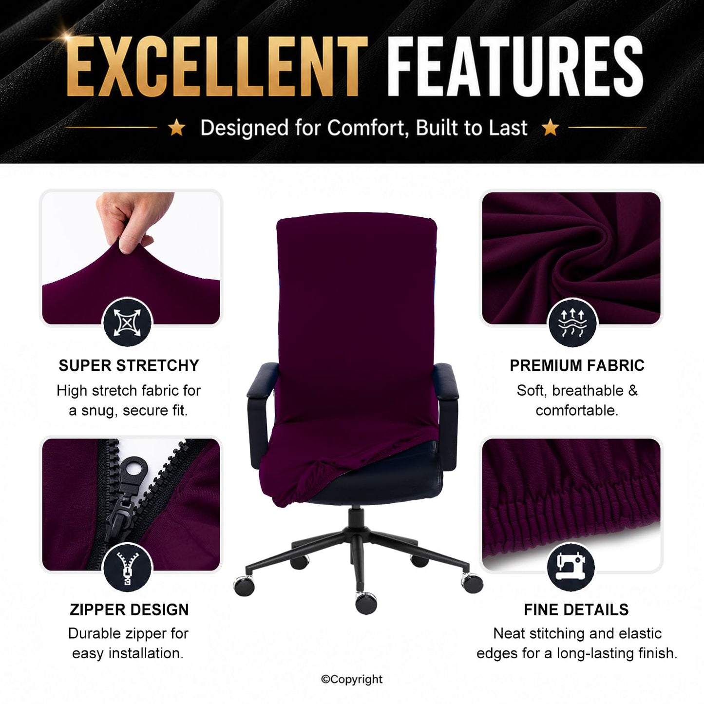 DIVA EN CAMINO DEC Universal Stretch Office Chair Cover with Zipper, Soft Slipcover for High Back Desk Chair, Plum