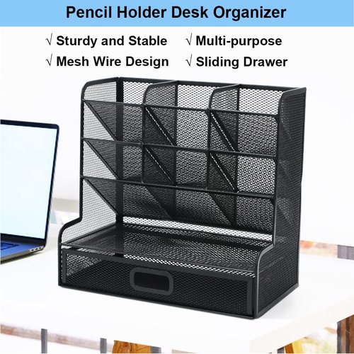 AUSTARK Desk Organizer with Drawer, Desktop Stationery Organizer, Pen Holder for Desk, Mesh Metal Desk Accessories Workspace Organizers for Art Supplies Office School Home (Black)