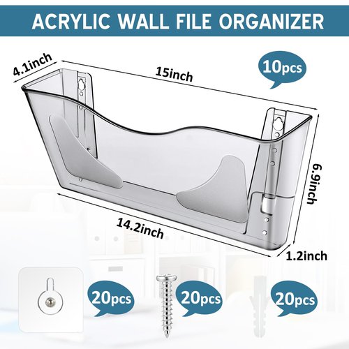 RattanView 10 Pack Acrylic Single Pocket Hanging File Organizer, Plastic Hanging Wall Mount File Holder Wall Pocket Mails Magazines Organizer Mounted Folder Bins for Office, School and Home