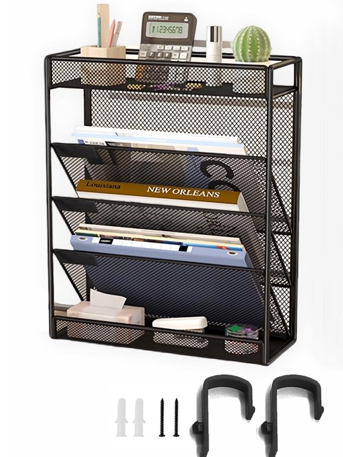 ZNMYDMT 5 Tier Mesh Wall File Organizer,3 Pockets vertical Mount Hanging Organizer with Top/Bottom Tray | 2 Hooks | Wall Mount & Door Hanging for Office Home