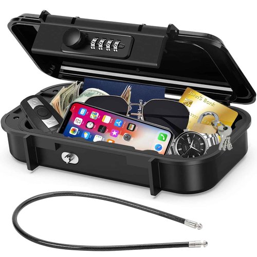 LIGBT Portable Safe Lock Box with Waterproof Travel Safe, Combination Key Lock, Removable A3 Steel Cable Locks for Beach, Outdoor, Home, Dorm, Office, Car