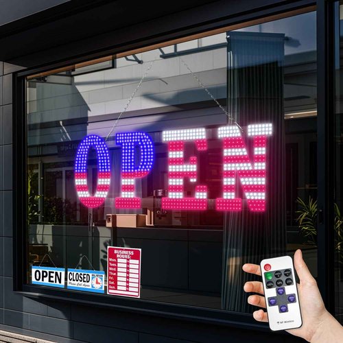 30'' x 10" Large LED Open Signs for Buisness, Remote Control and Adjustment Brightness & Speed - 14 Mode, LED Open Closed Sign for Bar Store Restaurant Office Hotel Salon USA Flag