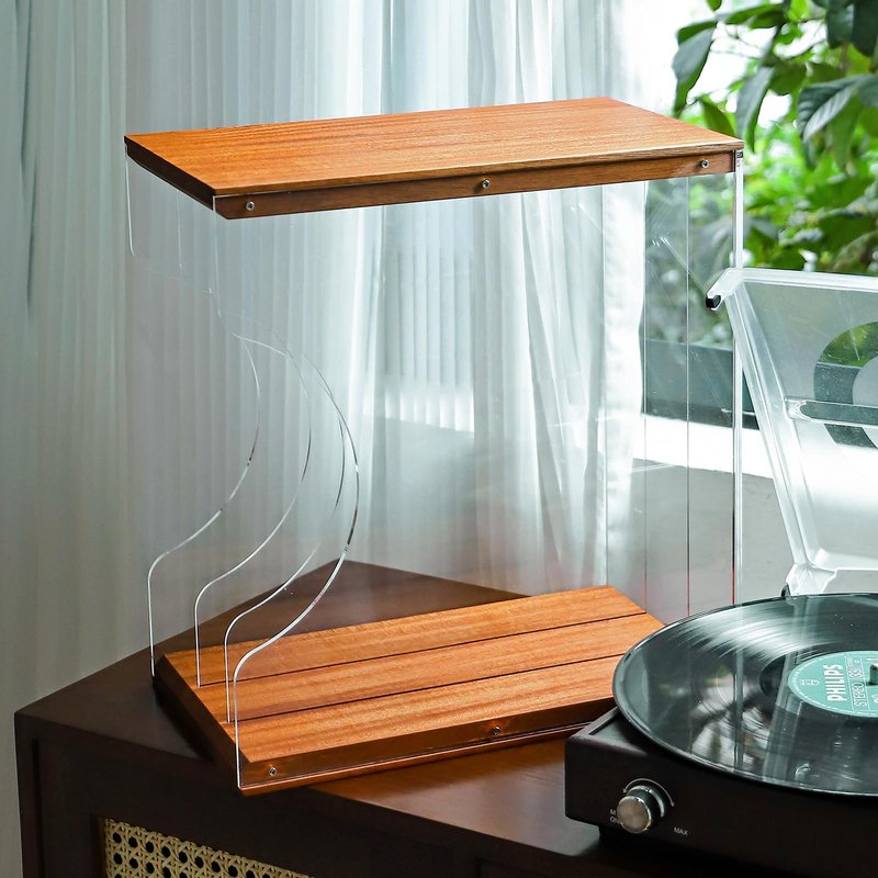 Vinyl Record Storage Holder,Stacks up to 30 Albums, Solid Wood & Clear Acrylic,Canbe stack,Premium Display, Simple and Contemporary Concept Design for 12” Records LP, DVDs, or CDs (black walnut, 3)