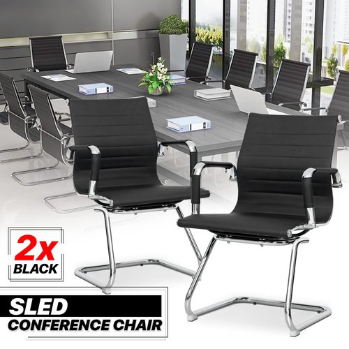 MoNiBloom Office Guest Chair Without Wheels PU Leather Mid-Back Sled Base Chairs for Reception Desk Waiting Meeting Conference Room, 2 Piece, Black