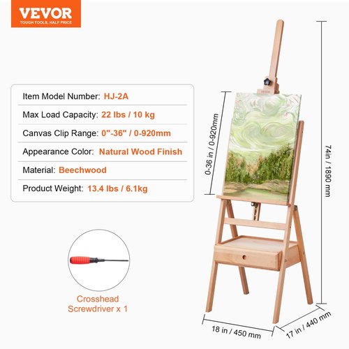 VEVOR Studio H-Frame Easel, Holds Canvas up to 36", Beechwood Artists Easel with Art Supply Storage Drawer, 22 lbs Load Capacity