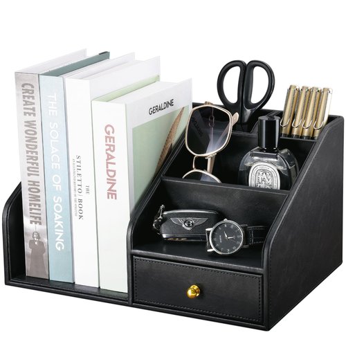 KINGFOM PU Leather Desk Organizer, Multifunction 6 Compartment Desk Organizers and Accessories for Office Supplies, Pen Pencil Holder/Book Mail Organizer Holder for Desk with Drawer(Black)