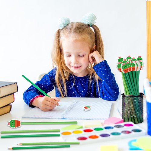 FYSUIMU 50 Sets Cactus Themed Gifts Back to School Gifts With Green Pencils Cute Cactus Erasers and Motivational Postcards for Students Bulk First Day of School Reward Party Favor
