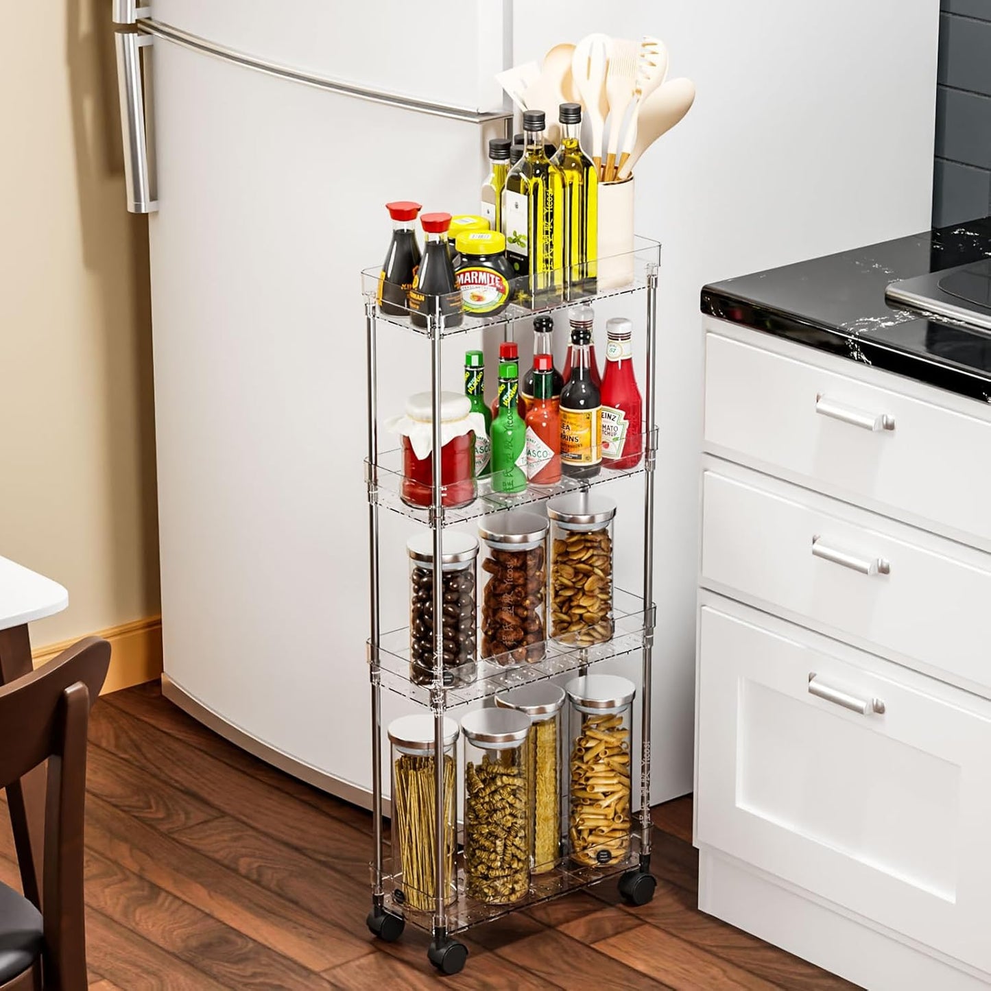 Yieach Clear 3-Tier Slim Rolling Storage Cart - 6.3" Wide Thin Shelves for Small Spaces | Bathroom & Laundry Use