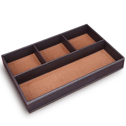 KINGFOM Pu Leather Desk Organizer Tray, 4 Compartment Office Storage Supplies Stationery Drawer Tray, Nightstand Bedside Tray for Key, Wallet, Watch, Coin, Phone Valet Tray Stackable