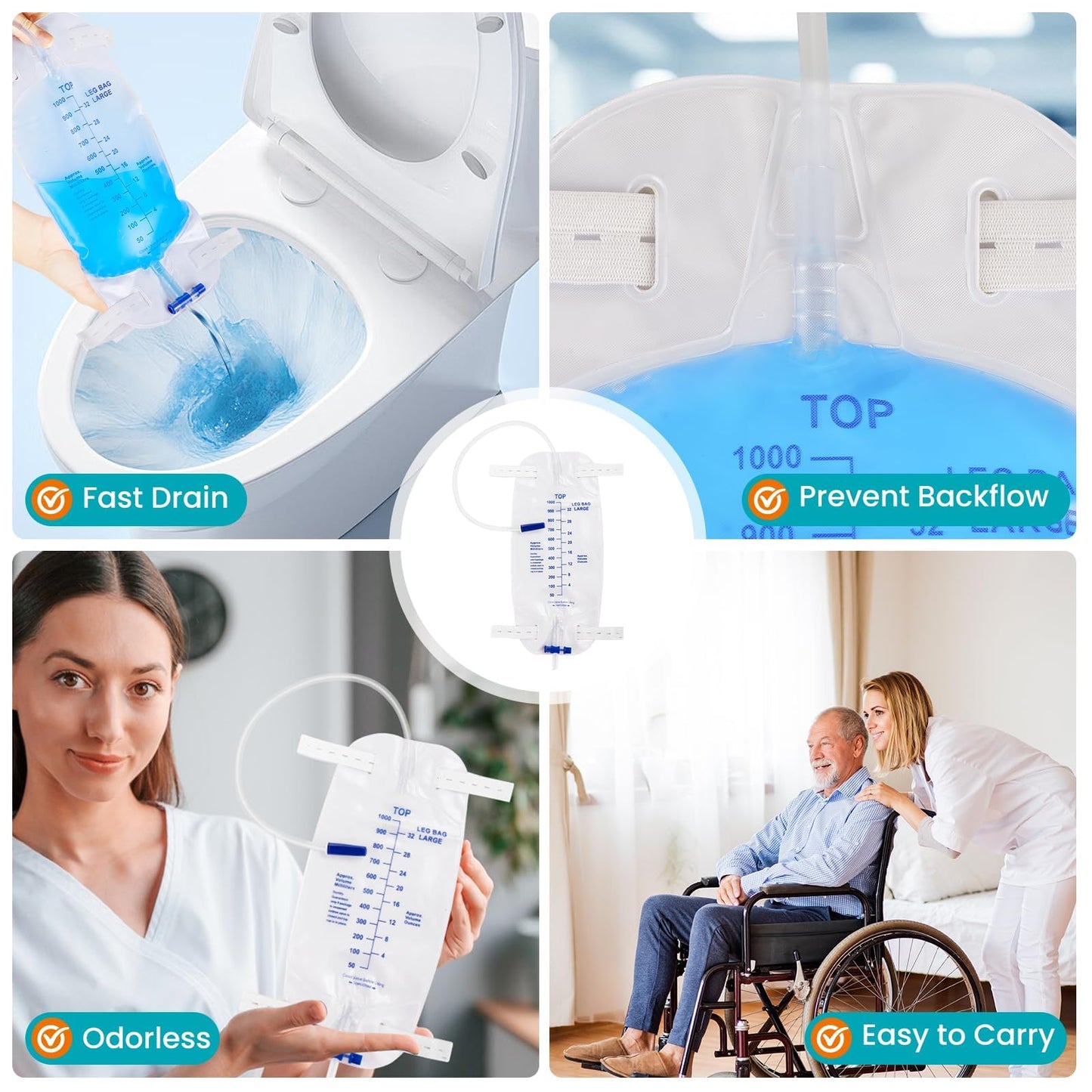 FURWEY 4-Pack Leg Bags, 1000mL, 18-inch Tubing with Anti-Reflux Valve, Sealed Separately & Single-Use, Anti-Slip Adjustable Elastic Leg Strap, One-Hand Drain Valve