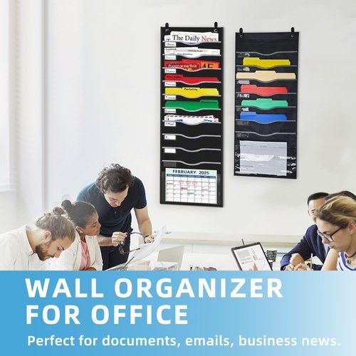 ALSLEA 11 Pockets Hanging Wall File Organizer 15" Extra Wide Pocket Chart for Classroom, Office, Home, Mail Organizer Wall Mounted with 1 Writable Clear Pocket, 5 Wall/Door Hooks & 12 Labels (Black)