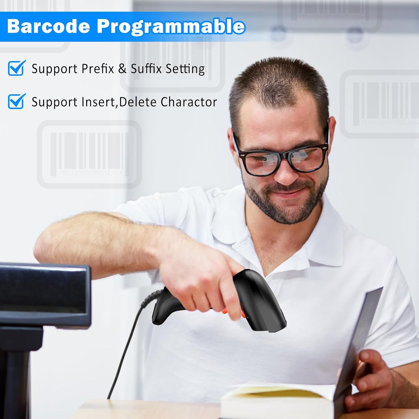Symcode USB Barcode Scanner - Handheld Wired Scanner with Long USB Cable for Mobile Payments & Retail