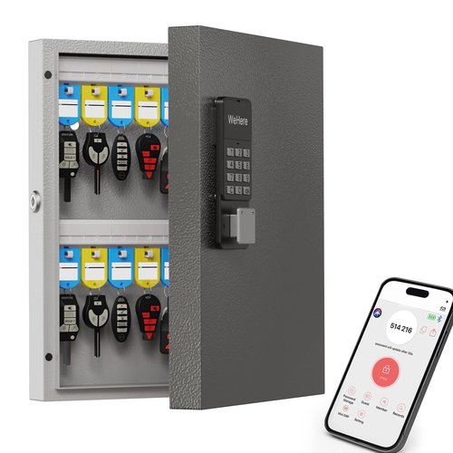 WeHere 32 Key Lock Box Wall Mount, Smart Key Cabinet with APP Bluetooth/Fixed/Dynamic Password/OTP Share Unlock, Security Lockbox ERP for Valets/Realtors/Office/Hotel Key Management