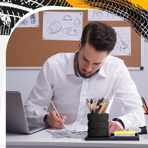 Fullhawl Tire Shaped Pen Holder with Sticky Notes Holder Set Tool Planter Pencil Storage Holder Desk Organizer Home Office Supplies Gift for Mechanics Car Lovers (Black)