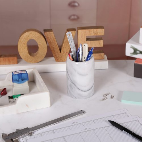 Creative Home Solid Natural Marble Pen Holder – Heavyweight Pencil Cup Organizer for Desk, Vanity, or Bathroom, 3.3" Diameter x 4.5" Height, Off-White with Unique Stone Patterns