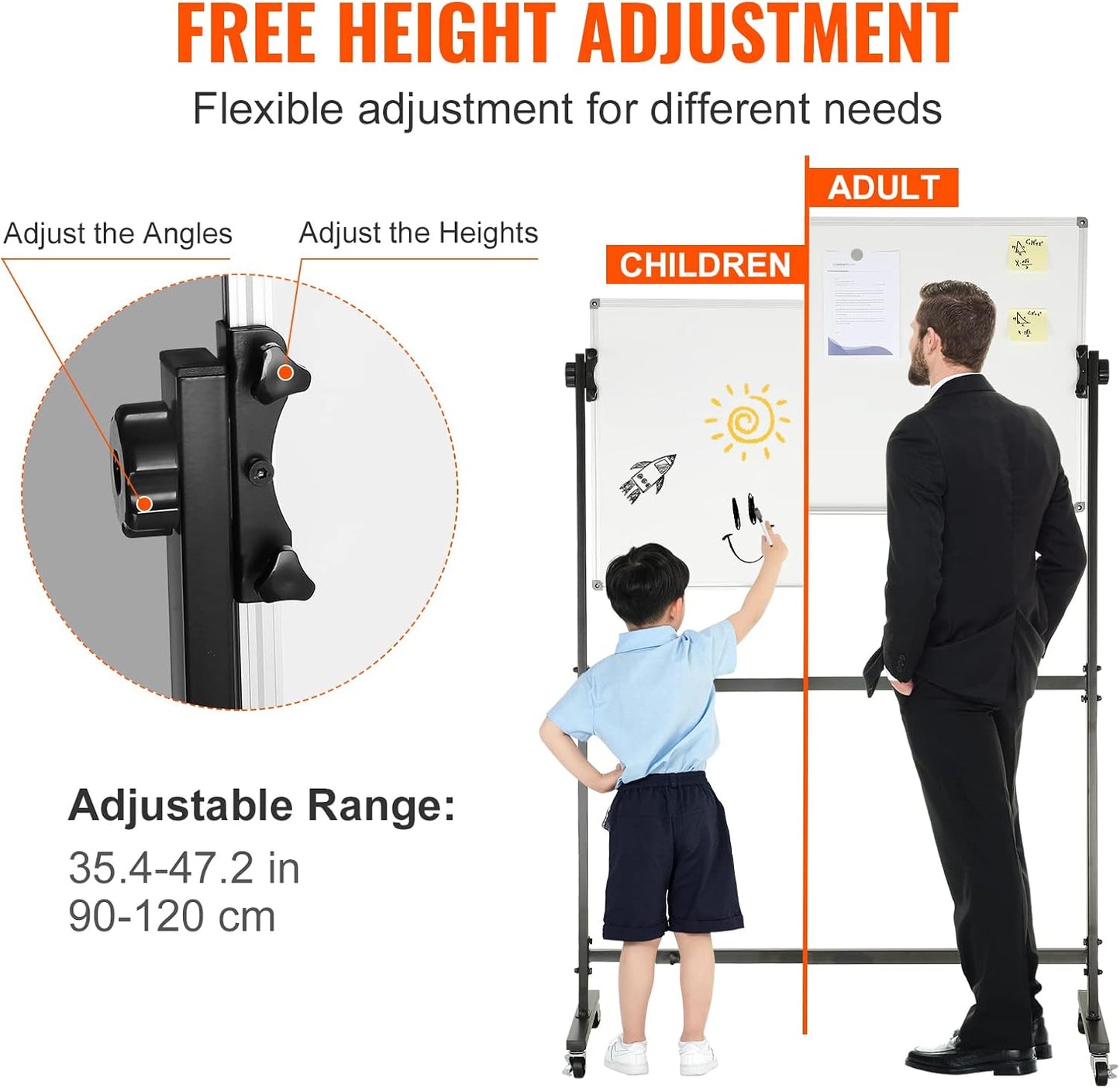 VEVOR Double-Sided Rolling Magnetic Whiteboard - 36x24 Inches, Adjustable Height with Wheels & Tray