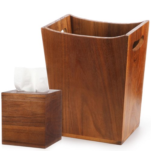 Reallnaive 2 Pcs Trash Can Wastebaskets and Tissue Box Set Rectangular Trash Basket Garbage Can for Bathroom, Living Room, Office, Kitchen (Brown)