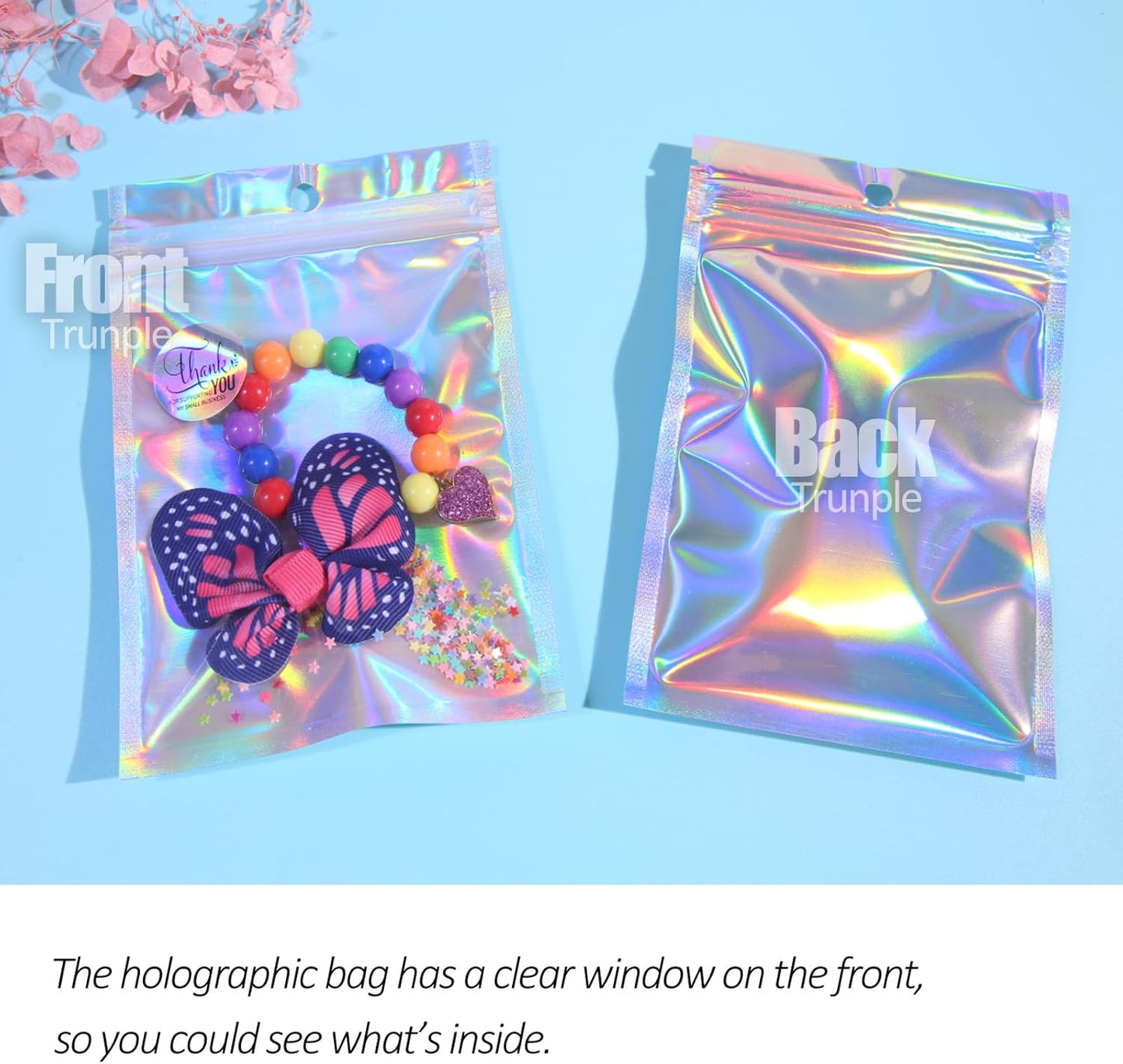Skiennix Holographic Resealable Packaging Bags - 100 Pcs Cute Smell Proof Foil Pouches | 4x6 Inch for Small Business Supplies