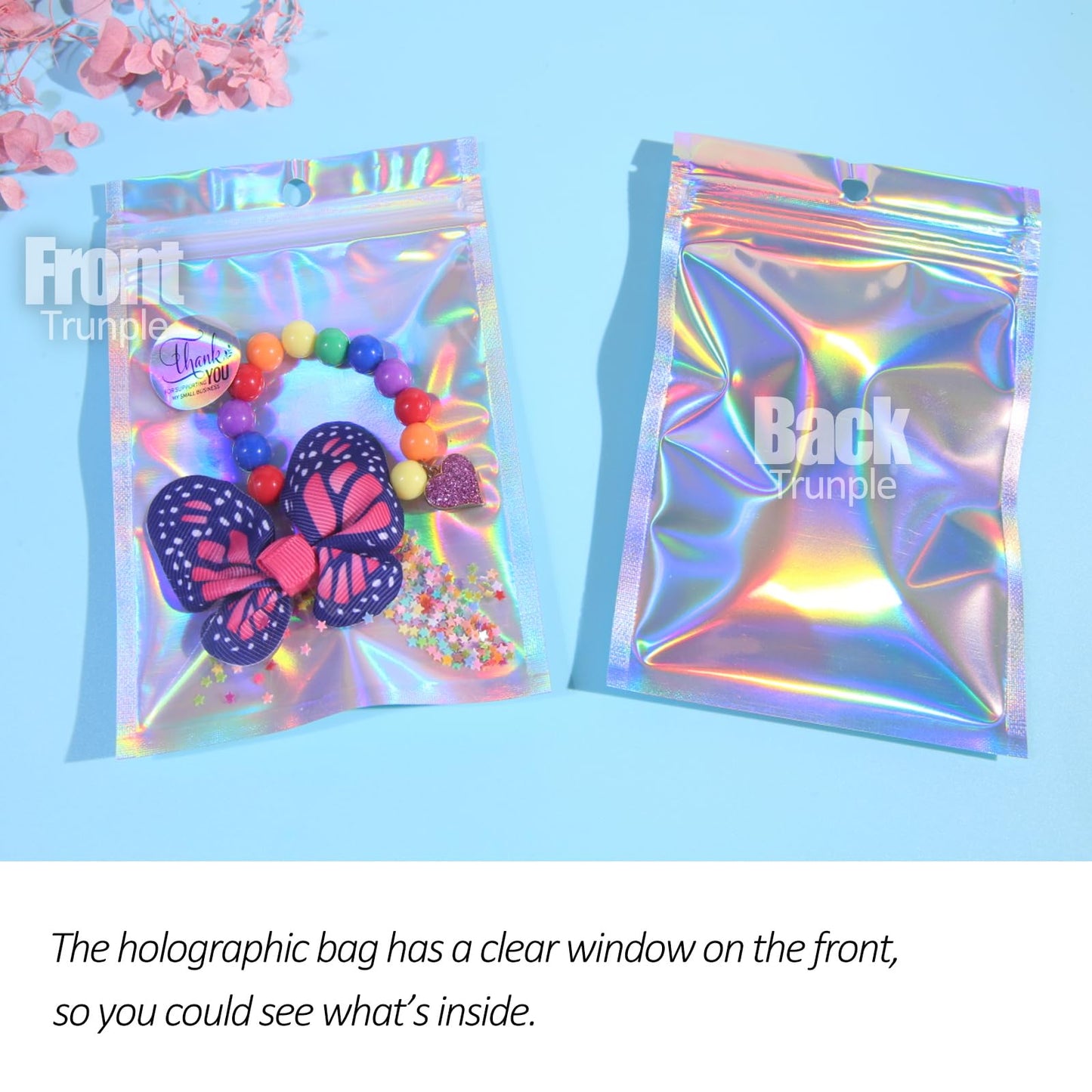 100 Pcs Holographic Resealable Packaging Bags for Small Business Supplies, Cute Small Color Smell Proof Foil Pouch Plastic Baggies for Lip Gloss Soap Party Food Storage (4x6 inch)