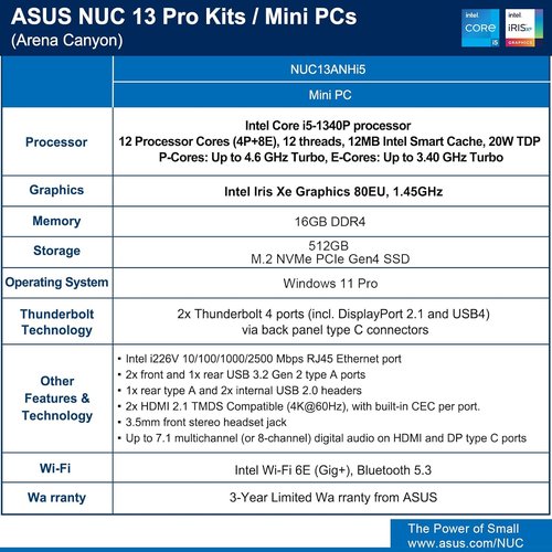 Intel NUC 13 Pro Mini PC - Core i5-1340P, 16GB RAM, 512GB SSD | 8K/4K Display, WiFi 6E, Windows 11 Pro