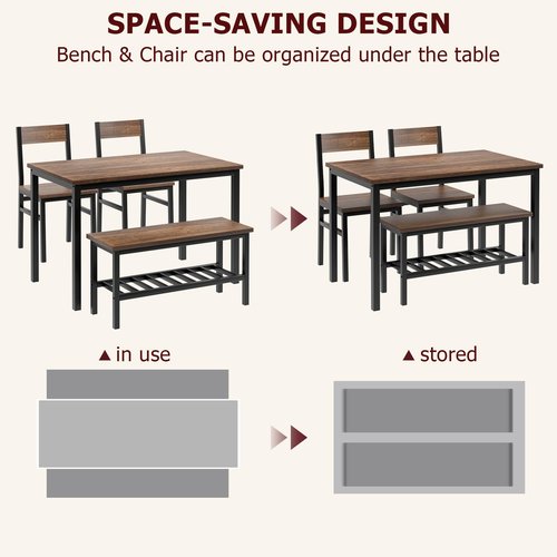 GarveeHome Dining Table Set for 4 with Bench, Kitchen Table Set with Bench, Dining Room Table Set with Storage Racks, Table and Chairs Set for Small Apartment, Kitchen, Dinette Table Set, Brown