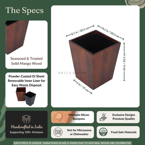 Brick Brown Premium Solid Wood Trashbin Multipurpose Furniture Basket for Home Living Room Office | Dustbin with Removal Metal Inner Liner from Mahogany Collection (Dwindle, 8x8x9.8 Inch)