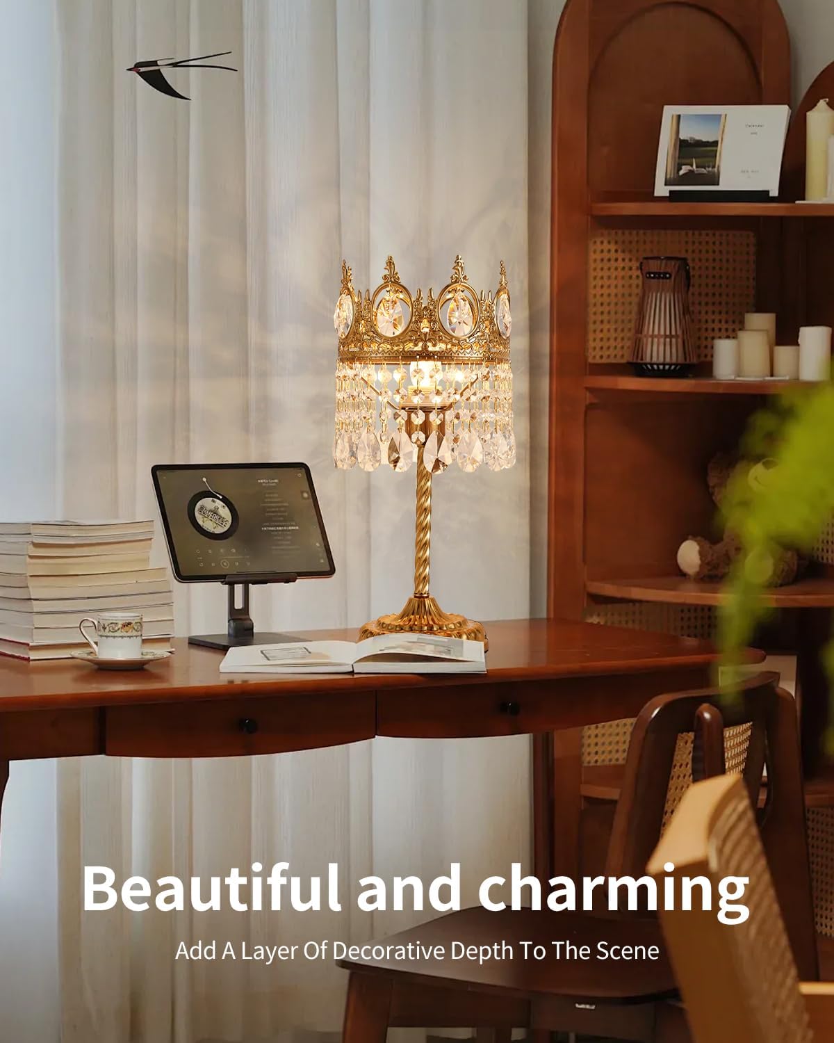 AuroraSpher 17" Gold Crystal Table Lamp for Bedroom, Cute Crown Shape Bedside Lamp for Nightstand, Modern Farmhouse Plug in Desk Lamp for Living Room, Home Office, Home Decor
