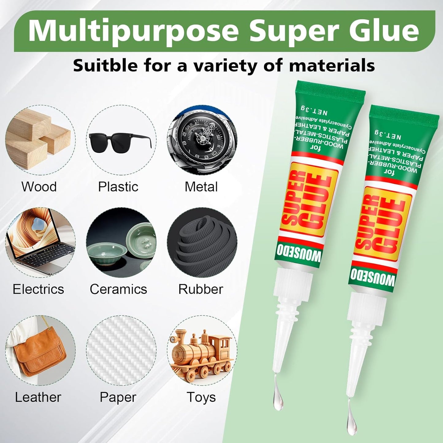 WOUSEDO Super Glue - Fast Drying Clear Adhesive for Wood, Rubber, Leather, Plastic & Metal | 48 x 3g