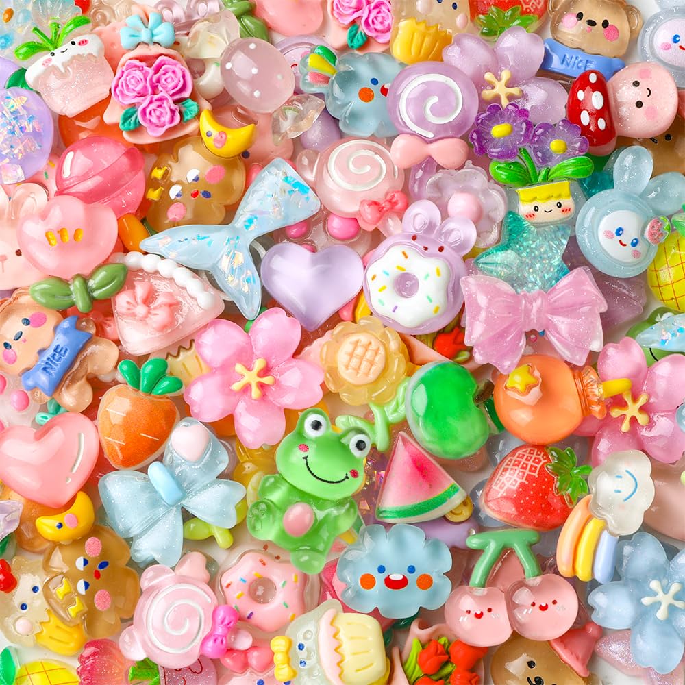 Vellibring 60PCS Cute Slime Charms Mixed Flatback Resin Charms Set,60 Styles Cartoon Making Kit Decorations for DIY Craft Phone Cases Nails Scrapbooking
