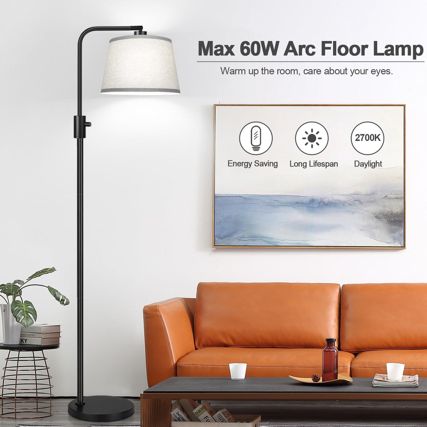【Upgraded】 Dimmable Floor Lamp, 1000 Lumens LED Edison Bulb Included, Arc Floor Lamps for Living Room Modern Standing Lamp with Gray Shade, Tall Lamps for Living Room Bedroom Office Dining Room
