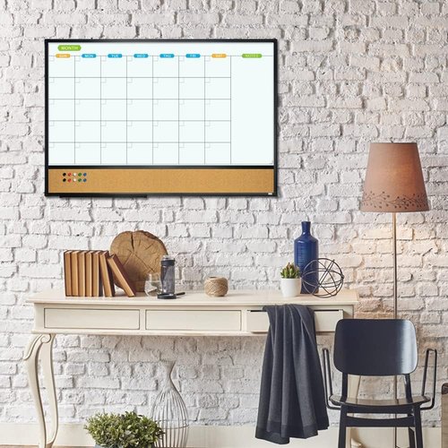 JILoffice Magnetic Calendar Whiteboard & Corkboard Combo - 36x24 Inch Wall-Mounted Board in Black Aluminum Frame