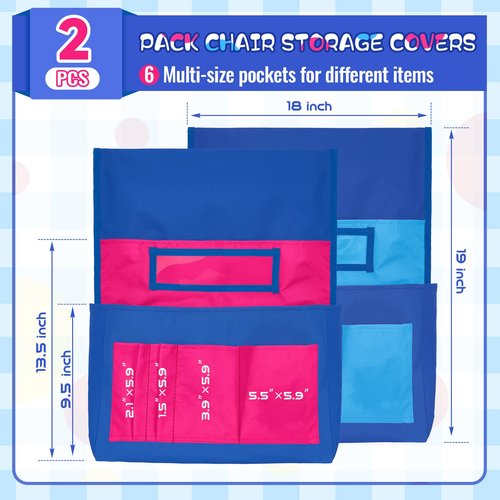 Lewtemi 2 Pcs Desk Chair Seat Back Organizer with 5 Pockets Chair Pockets for Classrooms School Seat Chair Storage Pocket Chart with Name Label Slot for Home Office, 18 x 19 Inch(Blue, Rose Red)