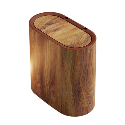 Bathroom Garbage Can with Lid, Plastic Wood Grain Finish Pattern Trashcans with Press Type Lid, Narrow Kitchen Trash Can, Durable & Space-Efficient Design, Hand-Press Lids Mechanism (Brown)