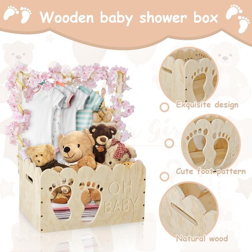 Wooden Baby Shower Crate Closet with Hangers & Handle, Large Wooden Crate for Baby Shower Gifts Display, Newborn Welcome Basket, Nursery Storage & Decor Organizer (Footprint)