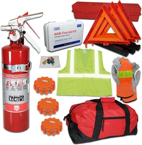 DOT ANSI OSHA Roadside Safety Kit - US-Made 1A:10BC Fire Extinguisher, LED Flares & Hi-Vis Gear | Ideal for Fleet Vehicles & Construction Crews